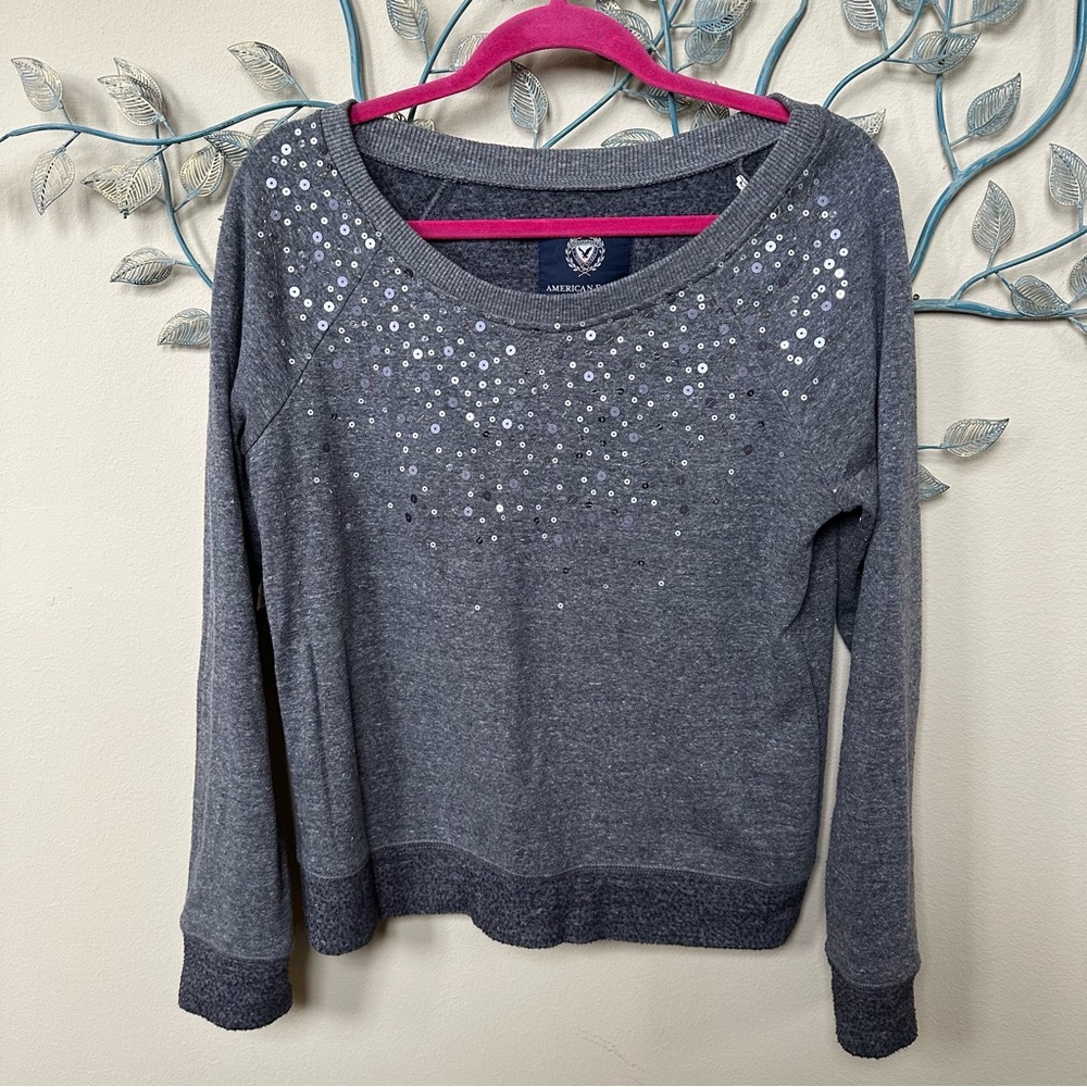 American Eagle Gray Pullover Sequined Sweatshirt … - image 1